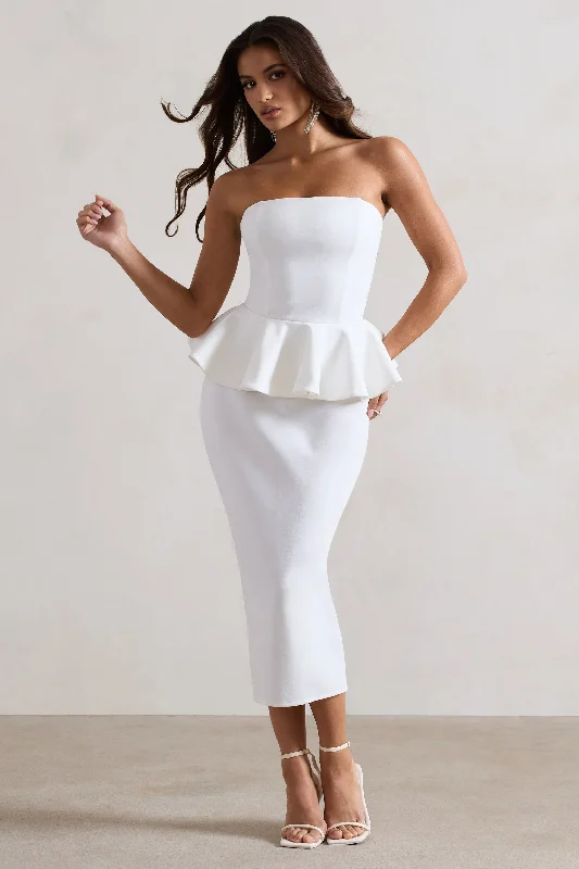 ladies-bodycon-dress-peach-pop-Chicago | White Bodycon Bandeau Midi Dress With Peplum Detail