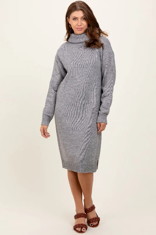 Women's midi dress roam chic -Heather Grey Turtleneck Side Slit Midi Sweater Dress