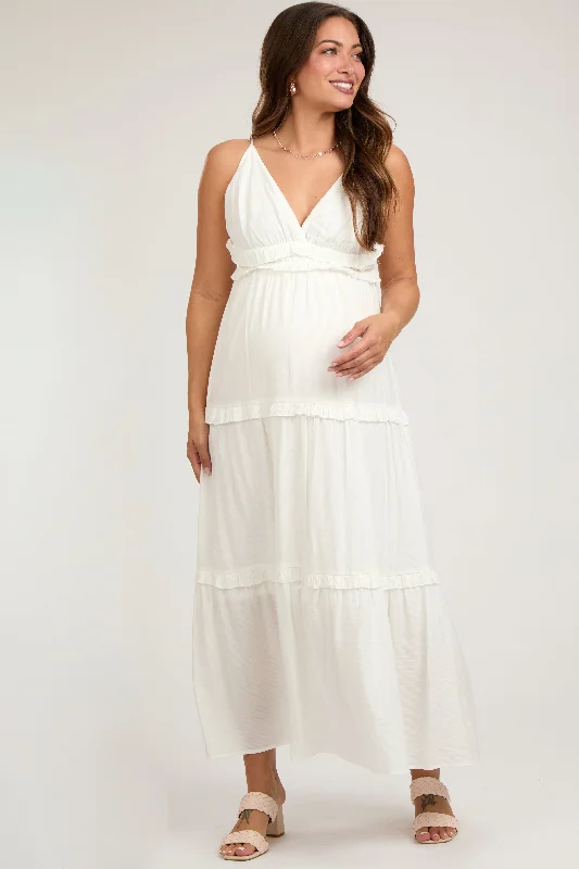 ladies-maxi-dress-sand-sweep-Cream Striped Ruffle Tiered Maternity Maxi Dress