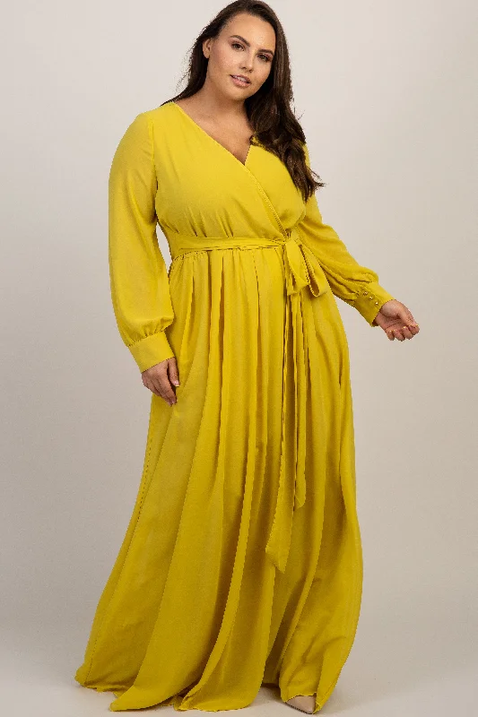 ladies-maxi-dress-insta-illume-Yellow Chiffon Long Sleeve Plus Maxi Dress