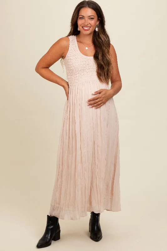 ladies-maxi-dress-low-cut-luster-Cream Textured Smocked Bodice Sleeveless Maternity Maxi Dress