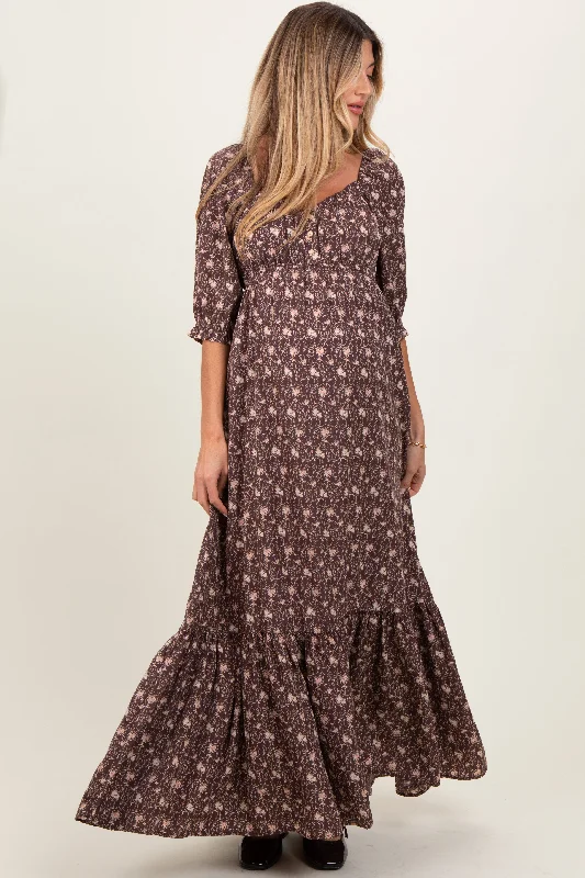 ladies-maxi-dress-modern-mirth-Chestnut Floral Sweetheart Neckline Maternity Maxi Dress