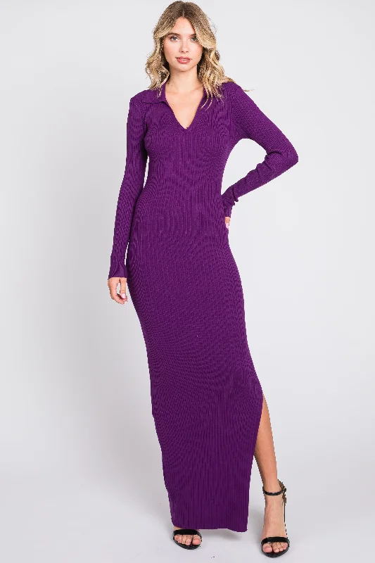 ladies-maxi-dress-royal-ripple-Purple Rib Knit Collared Maxi Dress