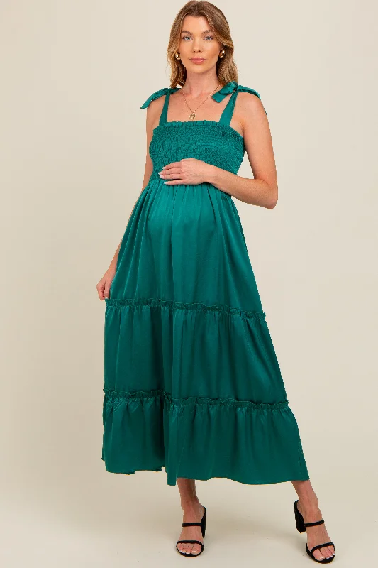 ladies-maxi-dress-pearl-petal-Forest Green Satin Smocked Maternity Maxi Dress