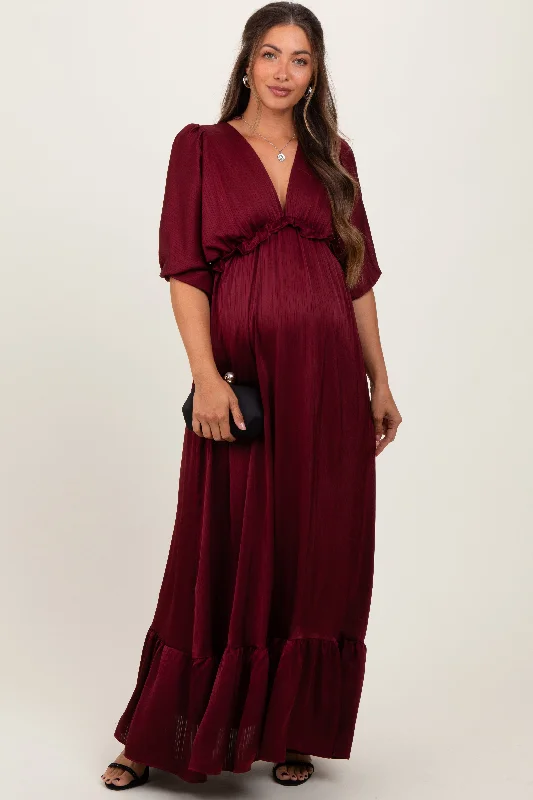 ladies-maxi-dress-ivory-illume-Burgundy Striped Ruffle Accent Maternity Maxi Dress