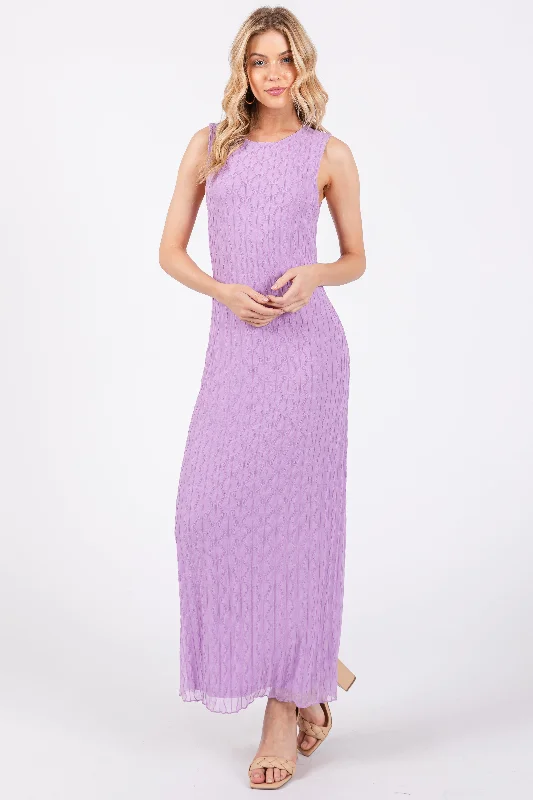 Women's midi dress glee glow -Lavender Mesh Overlay Midi Dress