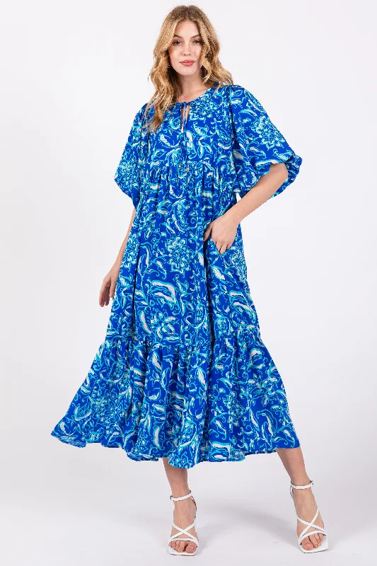 Women's midi dress last glow -Blue Floral Tiered Midi Dress