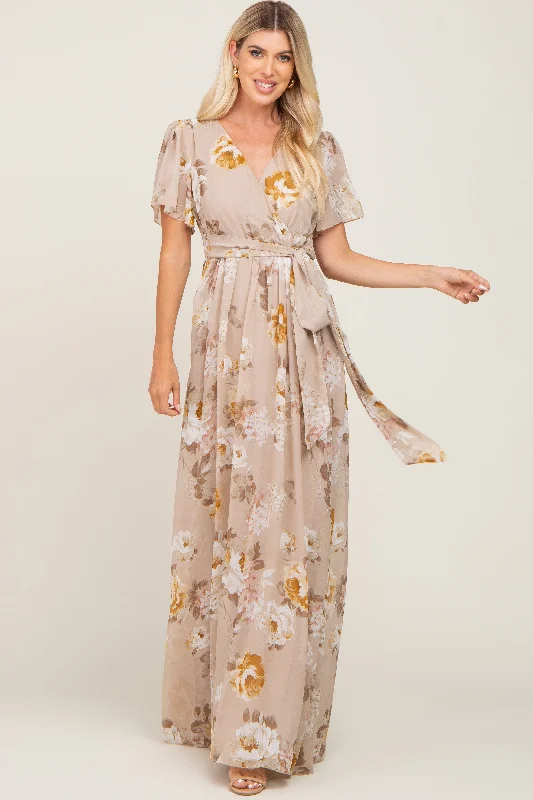 ladies-maxi-dress-gold-glow-Taupe Floral Chiffon Wrap Short Sleeve Maxi Dress