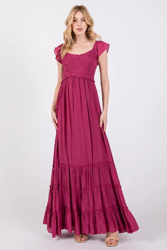 ladies-maxi-dress-trendy-twirl-Violet Smocked Crossover Off Shoulder Maxi Dress