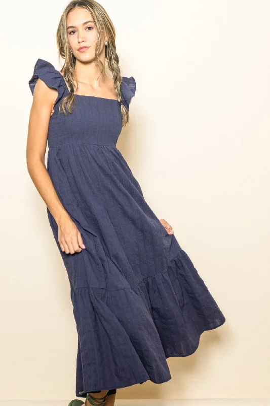 Women's midi dress bell chic -Navy Blue Textured Cotton Ruffle Strap Midi Dress