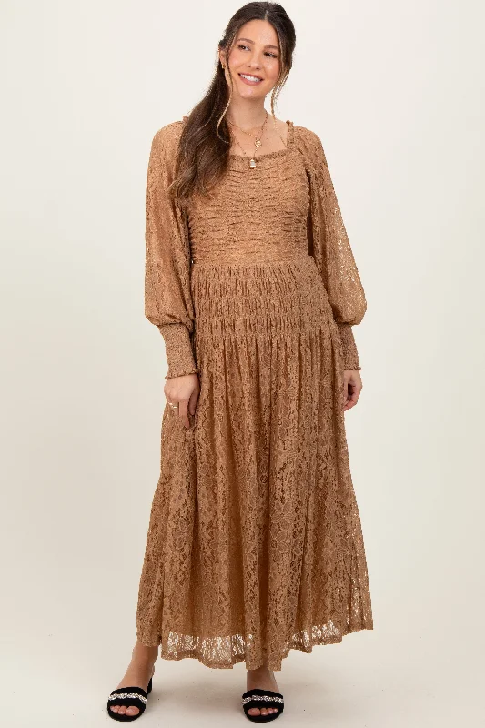 ladies-maxi-dress-day-to-dusk-Camel Lace Smocked Bubble Sleeve Maternity Maxi Dress