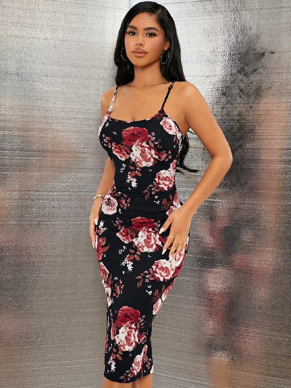 ladies-bodycon-dress-petite-pizzazz-SXY Floral Print Split Back Cami Bodycon Dress