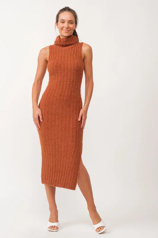 Women's midi dress honey chic -Camel Fuzzy Knit Sleeveless Turtle Neck Midi Dress