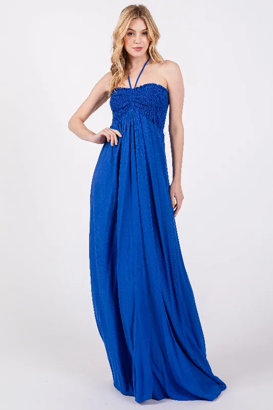 ladies-maxi-dress-draped-dawn-Royal Blue Smocked Halter Maxi Dress