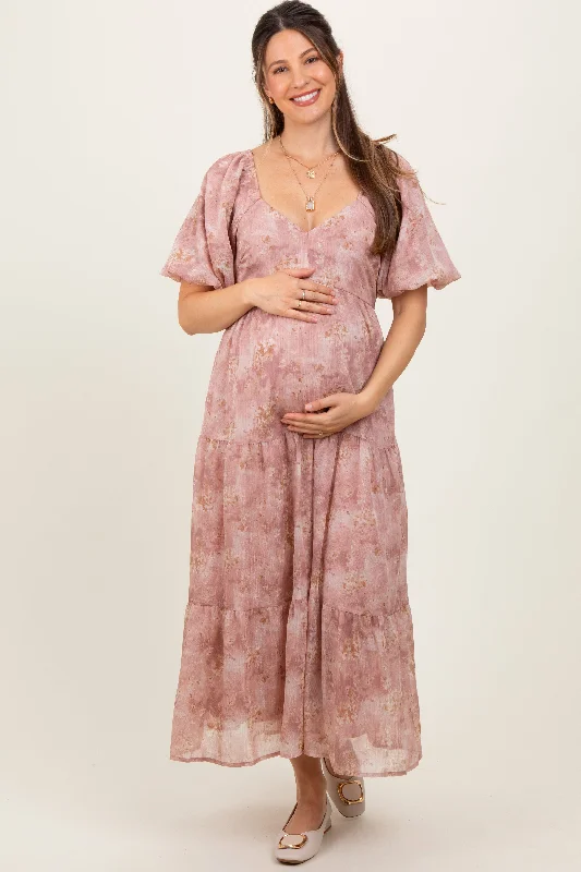 ladies-maxi-dress-heather-hush-Mauve Watercolor Floral Puff Sleeve Tiered Maternity Maxi Dress