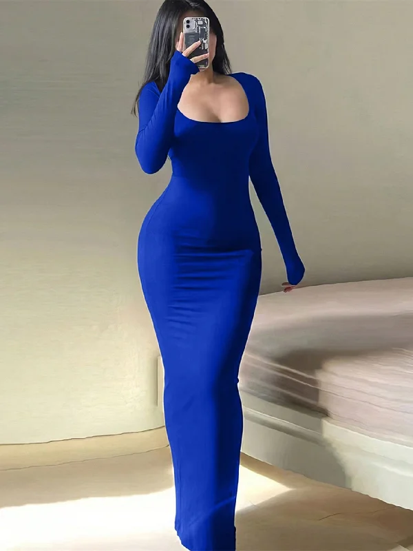 ladies-bodycon-dress-smocked-skip-SHEIN Essnce Solid Scoop Neck Bodycon Dress