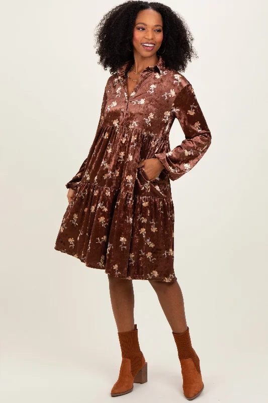 Women's midi dress coy flair -Brown Floral Velvet Button Down Midi Dress