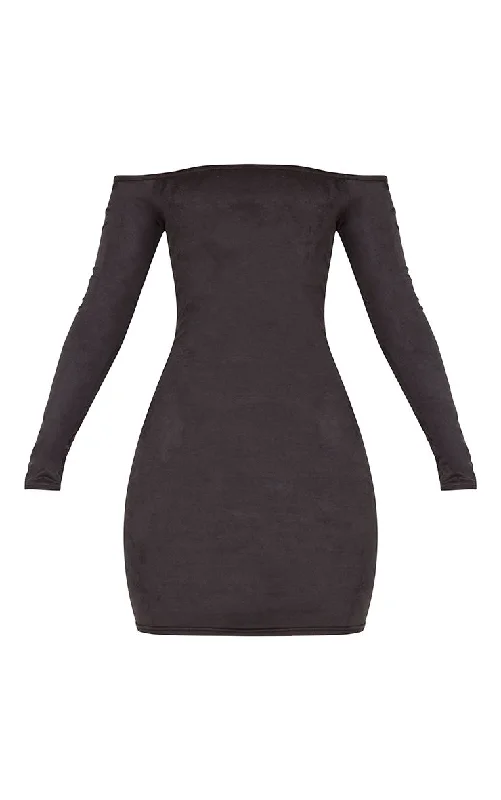 ladies-bodycon-dress-ruffle-ripple-PrettyLittleThing Womens Violla Black Suede Bardot Long Sleeve Bodycon Dress