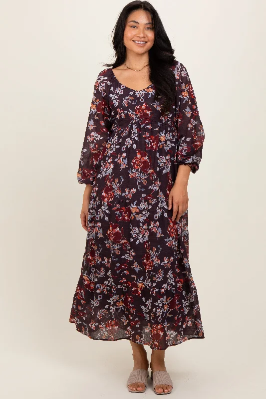 ladies-maxi-dress-work-to-whimsy-Brown Floral V-Neck Bubble Sleeve Maxi Dress