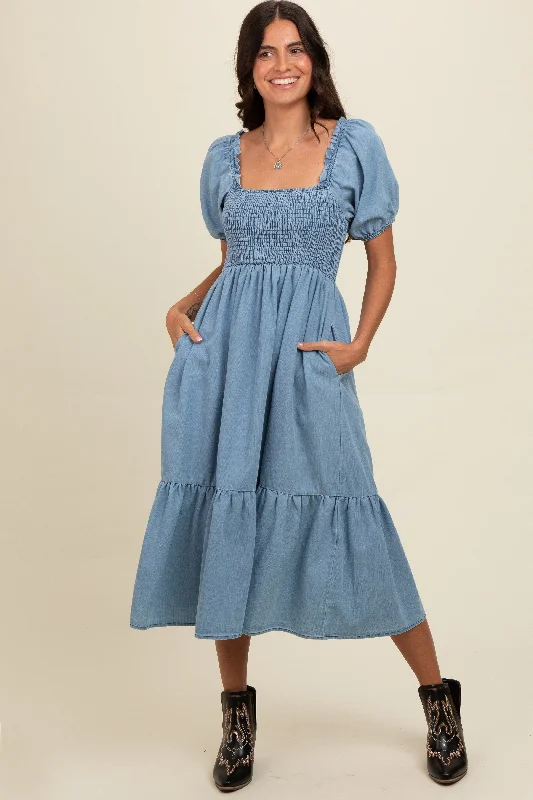 Women's midi dress bead flair -Light Blue Vintage Wash Chambray Smocked Midi Dress