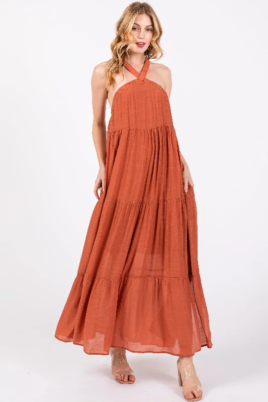 ladies-maxi-dress-flirty-fawn-Rust Halter Tiered Maxi Dress