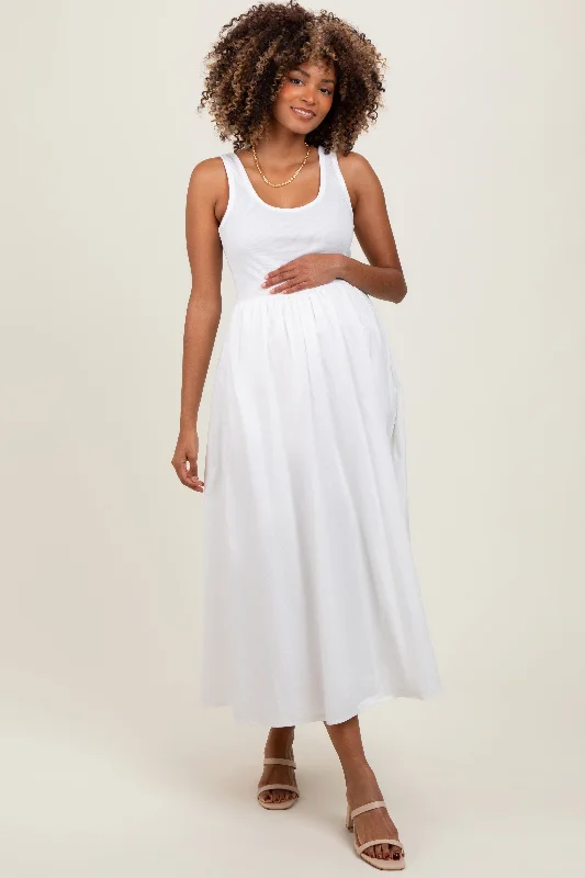 ladies-maxi-dress-lightweight-lift-White Scoop Neck Contrast Skirt Maternity Maxi Dress