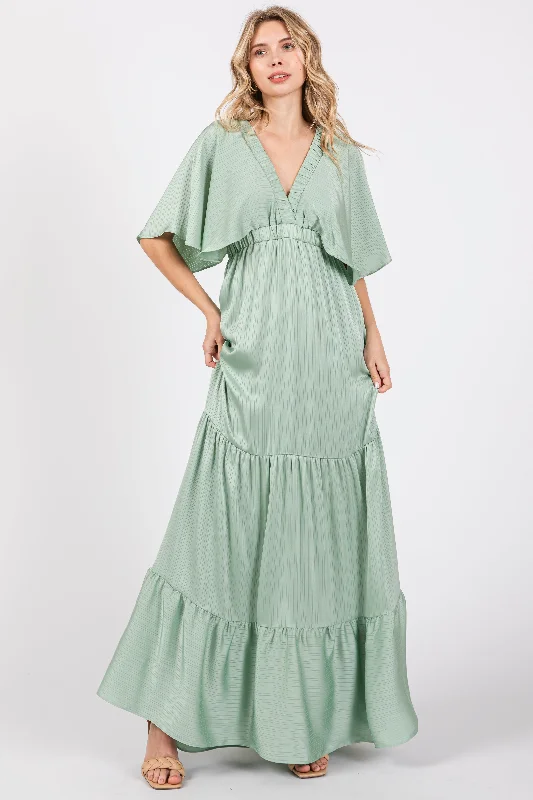 ladies-maxi-dress-draped-dawn-Mint V-Neck Flutter Sleeve Tiered Maxi Dress