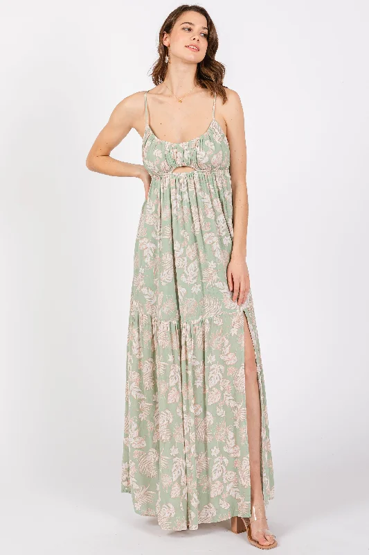 ladies-maxi-dress-90s-nimbus-Light Olive Foral Front Cutout Open Cross Back Maxi Dress