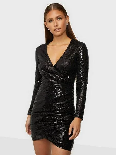 ladies-mini-dress-party-pizzazz-Body Wrap Sequins Mini Dress Black