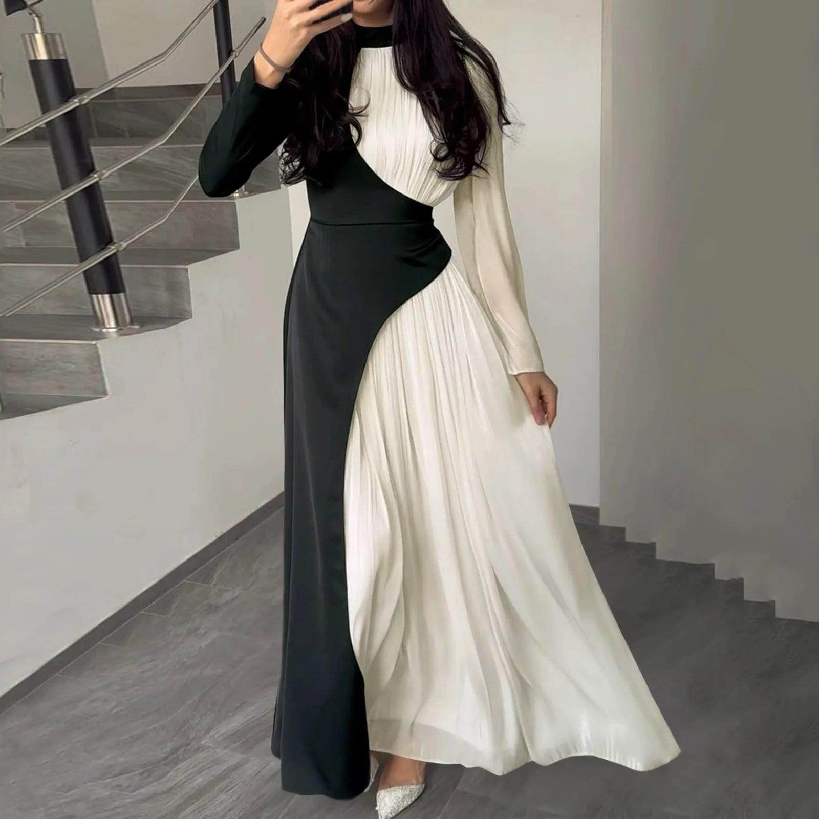 Women's party dress clear flair -Women's Elegant Patchwork Long Dress Spring Half High Neck Long Sleeve A-Line Maxi Dress Female Slim Waist Party Club Dresses