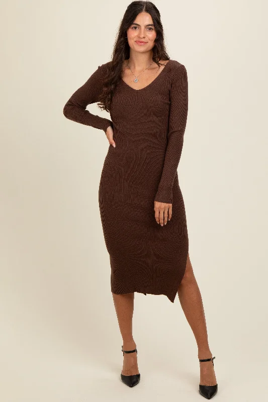 Women's midi dress pure flair -Brown Ribbed Knit Side Slit Midi Dress