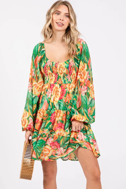 Women's midi dress link pop -Green Tropical Floral Smocked V-Neck Midi Dress