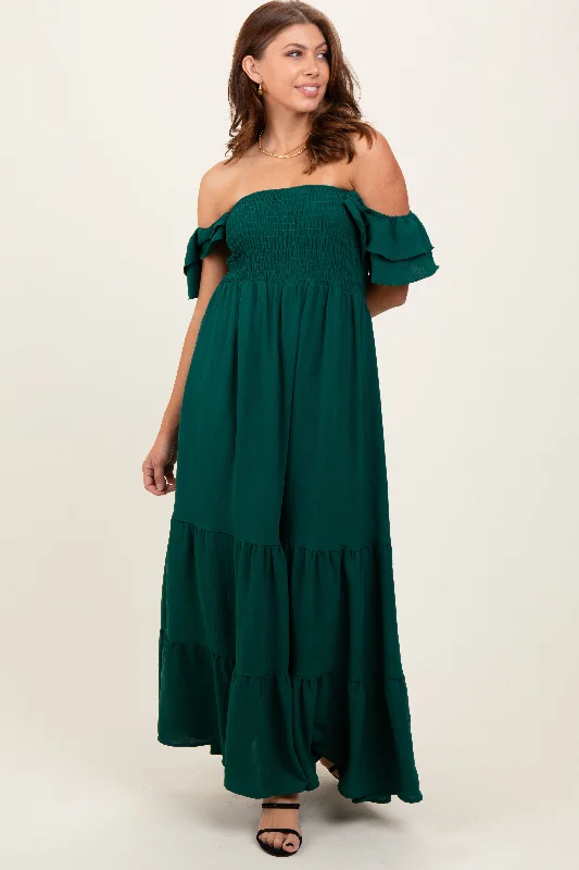 ladies-maxi-dress-chiffon-charm-Hunter Green Smocked Ruffle Off Shoulder Tiered Maxi Dress