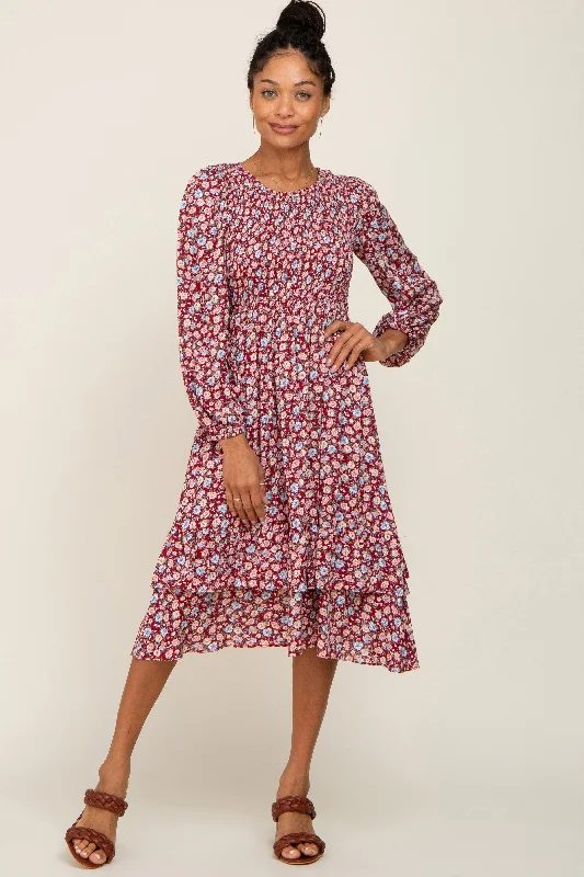 Women's midi dress chat pop -Burgundy Floral Smocked Long Sleeve Midi Dress