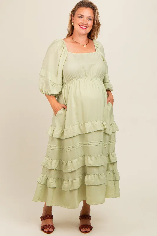 ladies-maxi-dress-amber-awe-Mint Green Square Neck Ruffle Tiered Maternity Plus Maxi Dress