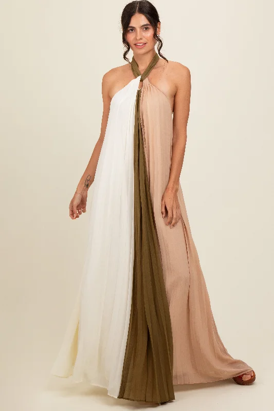 ladies-maxi-dress-ecru-essence-Olive Colorblock Pleated Halter Neck Maxi Dress