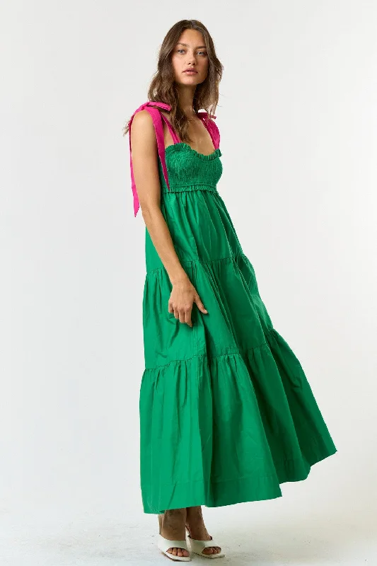 ladies-maxi-dress-crimson-cool-Green Contrast Shoulder Straps Maxi Dress