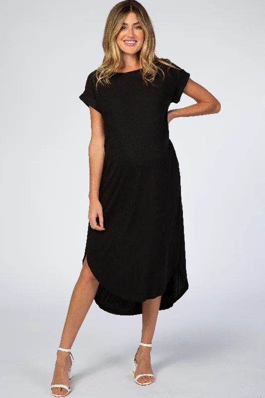 Women's midi dress vast glow -Black Ribbed Curved Hem Maternity Midi Dress