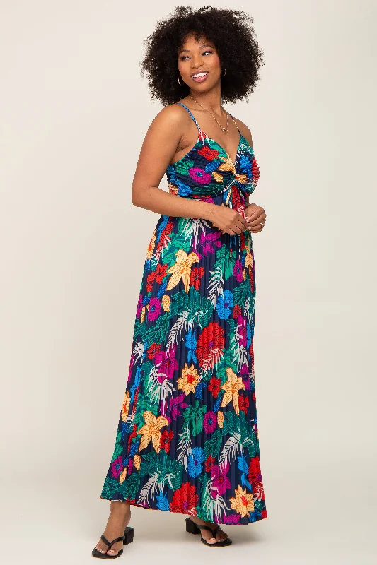 ladies-maxi-dress-rust-ripple-Black Tropical Floral Satin Pleated Maxi Dress