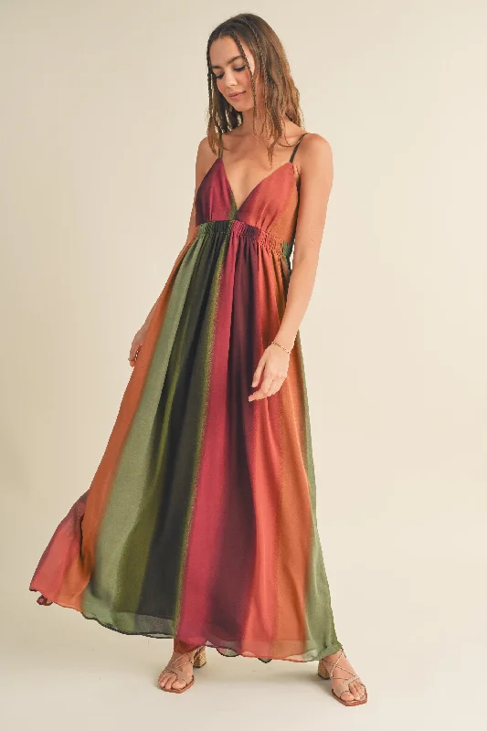 ladies-maxi-dress-sand-sweep-Multi-Color Ombre Chiffon V-Neck Maxi Dress