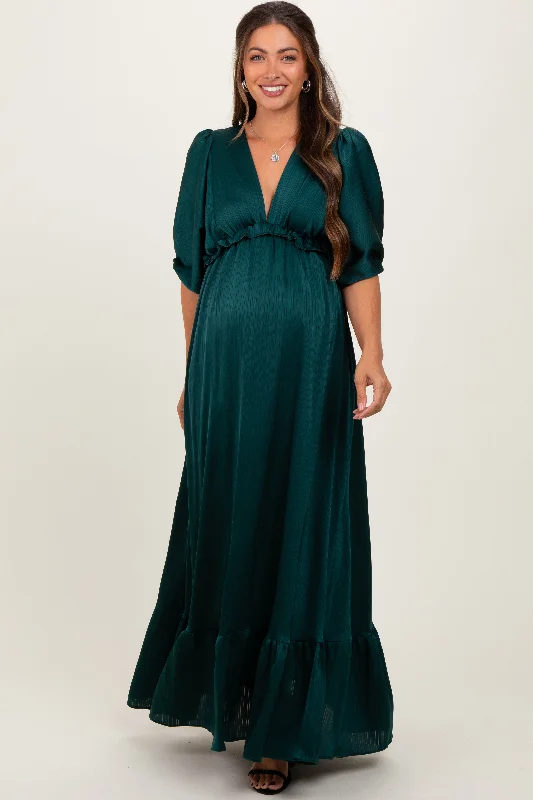 ladies-maxi-dress-lavender-lush-Forest Green Striped Ruffle Accent Maternity Maxi Dress