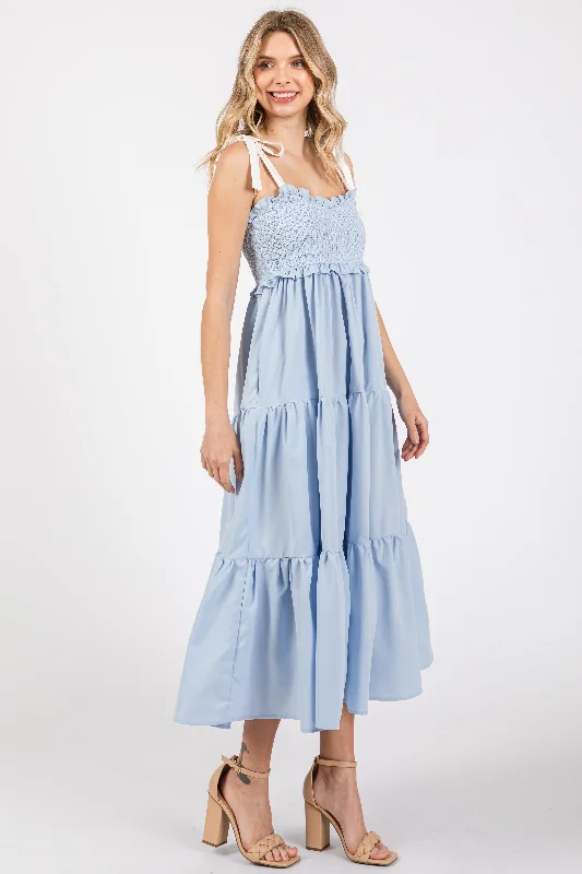 ladies-maxi-dress-fringe-fable-Light Blue Sleeveless Tiered Colorblock Strap Maxi Dress