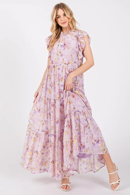 ladies-maxi-dress-shopping-silk-Lavender Floral Chiffon Ruffle Shoulder Tiered Maxi Dress