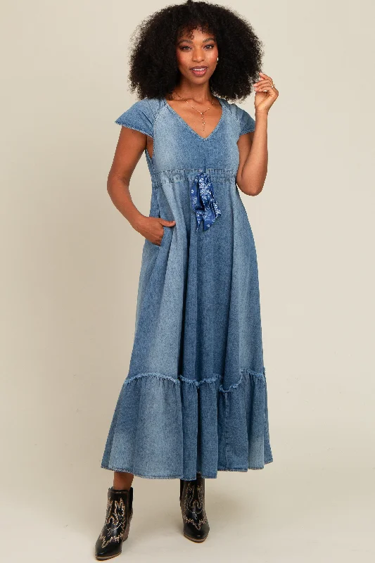 ladies-maxi-dress-fringe-fable-Blue Denim Sash Waist Maxi Dress