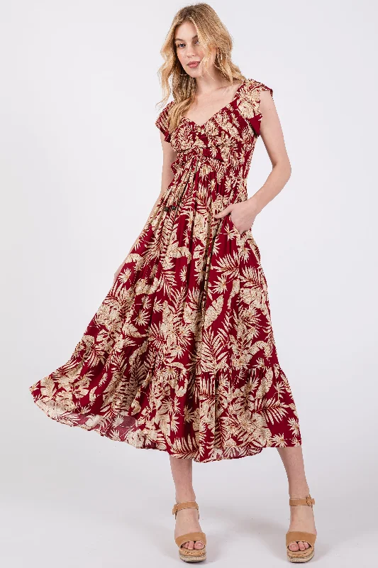 ladies-maxi-dress-bright-bloom-Burgundy Tropical Print Smocked Short Sleeve Maxi Dress