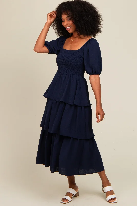 Women's midi dress mesh flair -Navy Smocked Body Ruffled Tiered Midi Dress