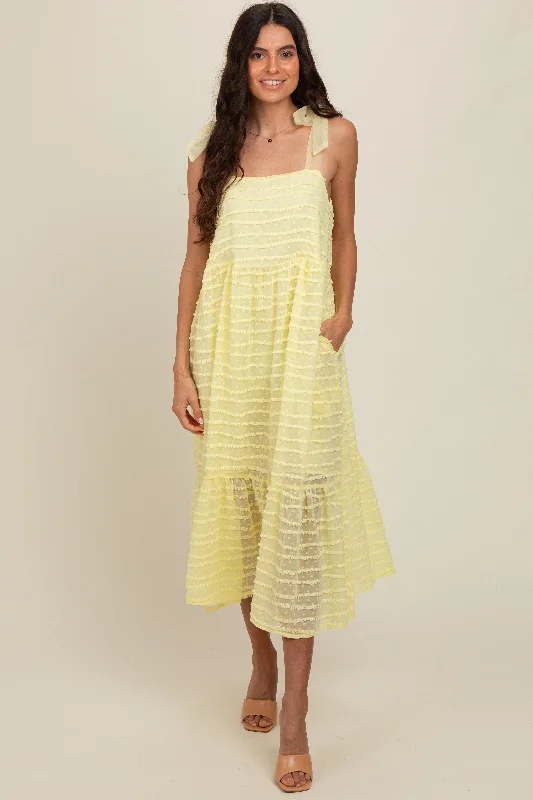 Women's midi dress town glow -Yellow Textured Shoulder Tie Midi Dress