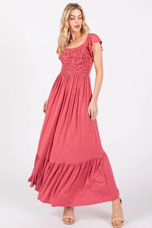 ladies-maxi-dress-wedding-wisp-Magenta Smocked Ruffle Hem Maxi Dress