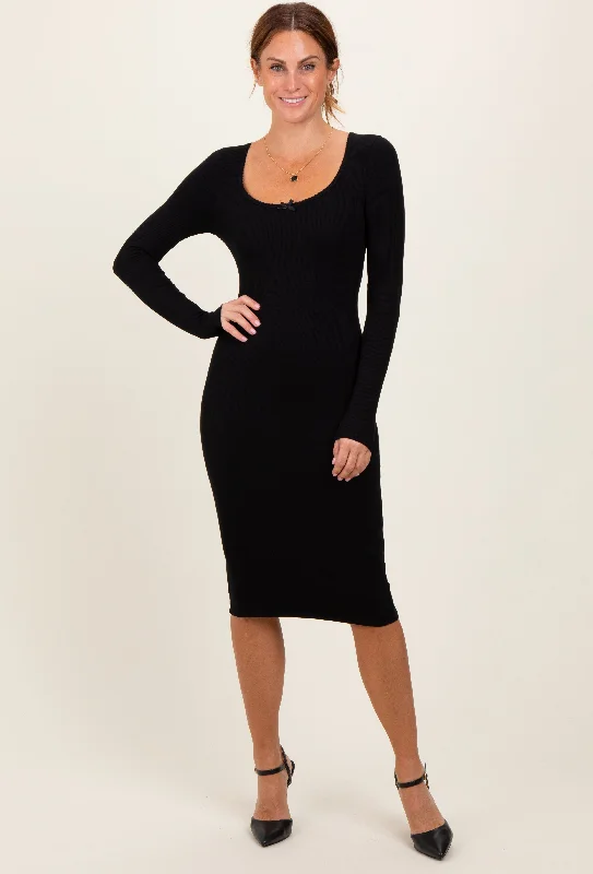 Women's midi dress void pop -Black Bow Trim Neckline Long Sleeve Midi Dress