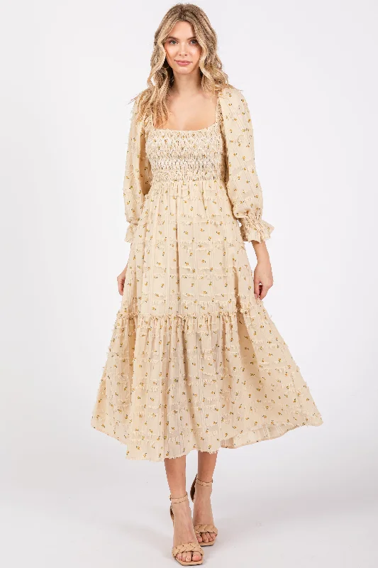 Women's midi dress pure flair -Beige Floral Square Neck Smocked Fringe Midi Dress